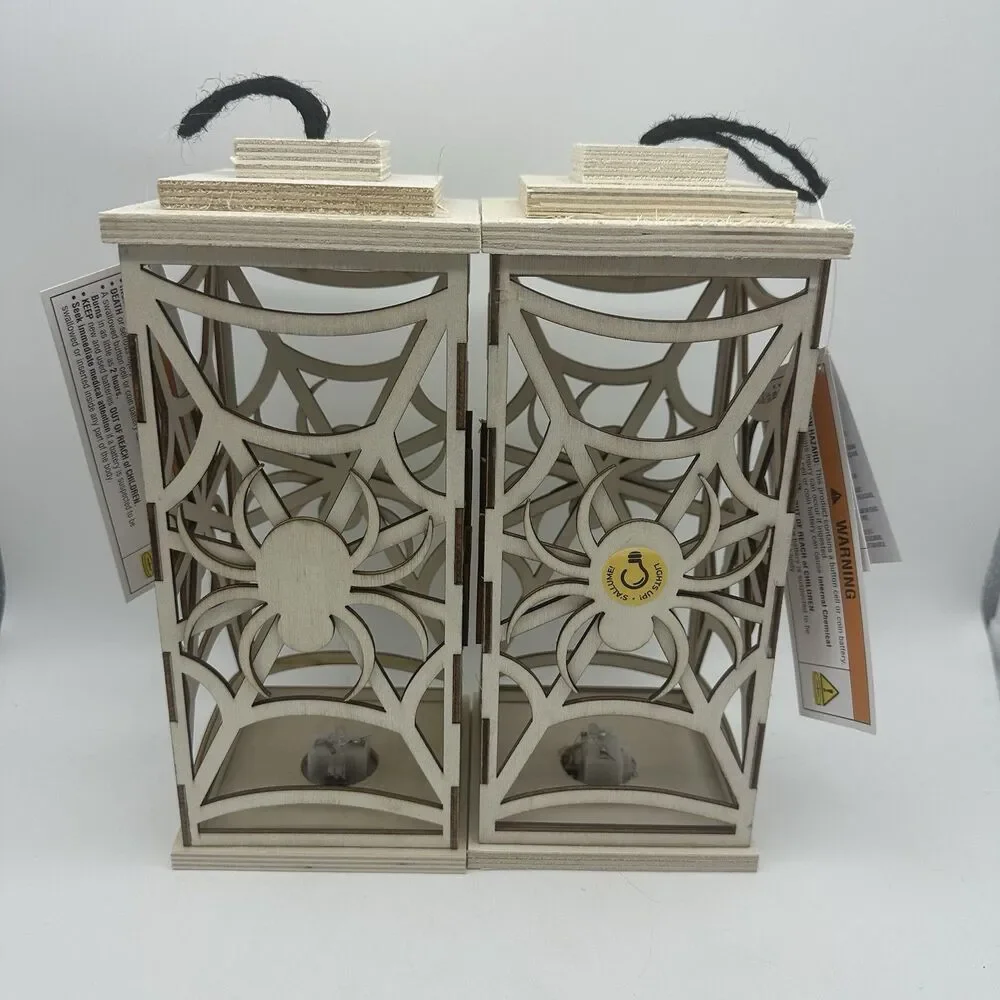 2PC Halloween Wooden Spider Lantern LED Light Up Centerpiece Decoration